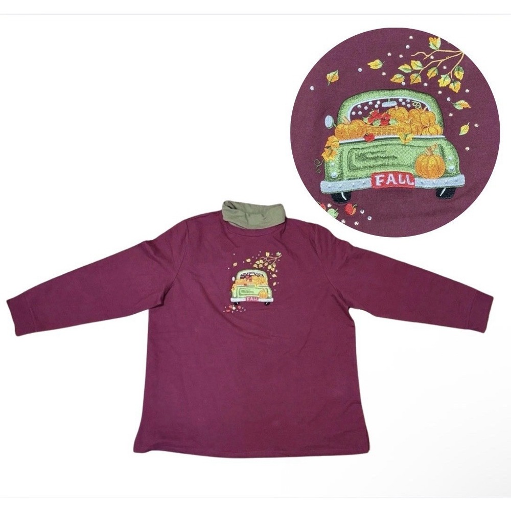 Harvest Truck Maroon Fall Embroidered  Turtle Neck XL Whimsy Quacker Factory